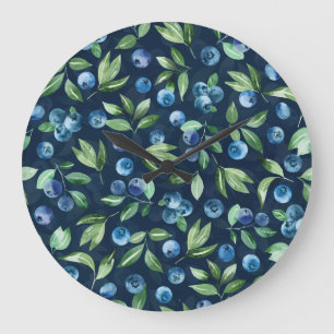 Grande Horloge Ronde Aquarelle Blueberry Dark Arrière - plan Motif