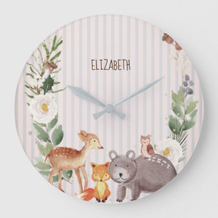 Grande Horloge Ronde Aquarelle Bois Animaux Rayures
