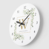 Grande Horloge Ronde Aquarelle botanique Verdure Monogramme Nom (Angle)
