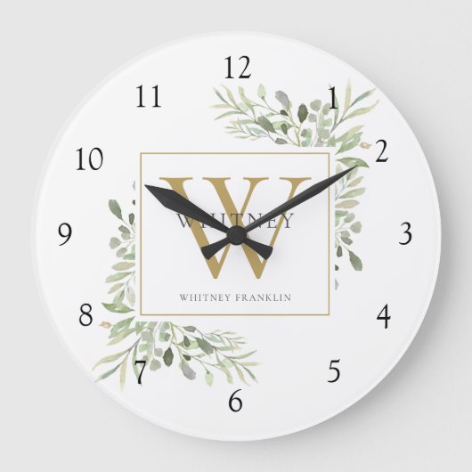 Grande Horloge Ronde Aquarelle botanique Verdure Monogramme Nom (Recto)