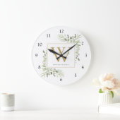 Grande Horloge Ronde Aquarelle botanique Verdure Monogramme Nom (Maison)