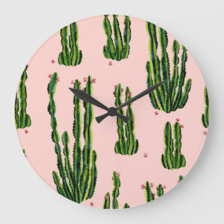 Grande Horloge Ronde Aquarelle Cactus : Blossoming Seamless Motif