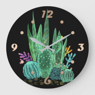 Grande Horloge Ronde Aquarelle, cactus, fleurs