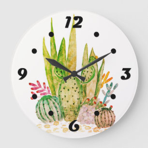 Grande Horloge Ronde Aquarelle , cactus , succulents