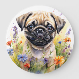 Grande Horloge Ronde Aquarelle Carlin Chiot dans le plaisir Fleur sauva