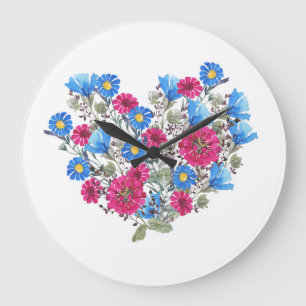 Grande Horloge Ronde Aquarelle coeur fleuri, arang fleur sauvage lumine