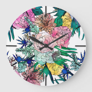Grande Horloge Ronde Aquarelle colorée élégante Motif Floral