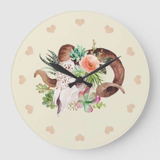 Grande Horloge Ronde Aquarelle Crâne et succulents (Recto)