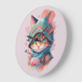 Grande Horloge Ronde Aquarelle Cute Hoded Ninja Chat (Angle)