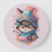 Grande Horloge Ronde Aquarelle Cute Hoded Ninja Chat (Recto)