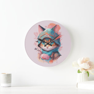 Grande Horloge Ronde Aquarelle Cute Hoded Ninja Chat