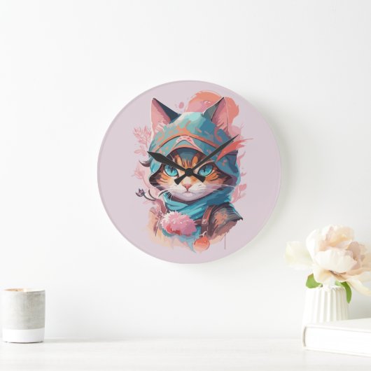 Grande Horloge Ronde Aquarelle Cute Hoded Ninja Chat (Maison)