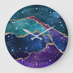 Grande Horloge Ronde Aquarelle d'agate dorée bleu violet moderne