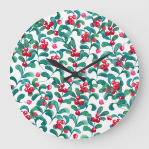 Grande Horloge Ronde Aquarelle de baies sauvages, motif sans soudure.