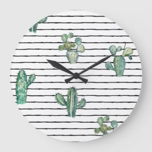 Grande Horloge Ronde Aquarelle de Cactus : Dessin de stylo Vintage.