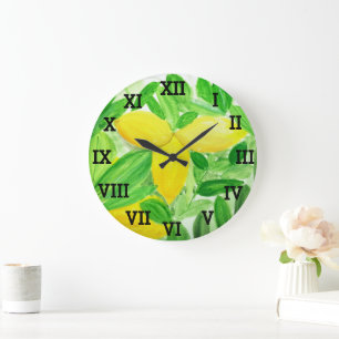Grande Horloge Ronde Aquarelle de citron Fruit jaune Citrus d'été