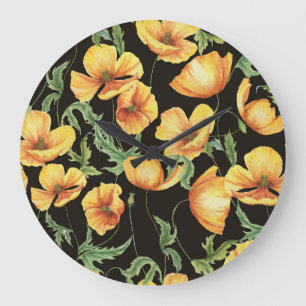 Grande Horloge Ronde Aquarelle de coquelicot jaune motif floral