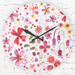 Grande Horloge Ronde Aquarelle de fleurs sauvages moderne<br><div class="desc">Aquarelle claire et joyeuse fleur sauvage et feuille de la peinture d'un jardin sauvage. Parfait pour les jardiniers,  les amoureux de la nature et les fleuristes. Art original de Nic Squirrell.</div>