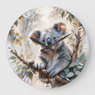 Grande Horloge Ronde Aquarelle de l'arbre de Koala mignonne Imaginaire