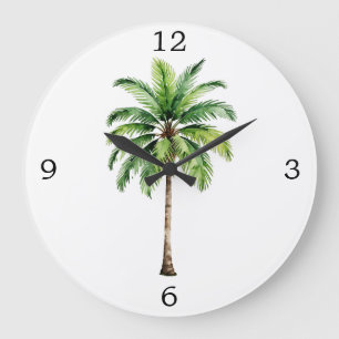 Grande Horloge Ronde Aquarelle de palmier Tropical Elégant