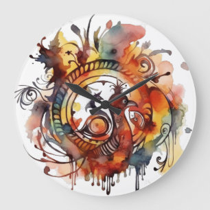 Grande Horloge Ronde Aquarelle de Phoenix Tribal Mandala