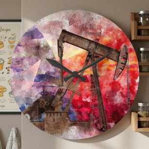 Grande Horloge Ronde Aquarelle de pompe à huile du Texas avec l'art du