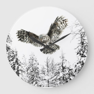 Grande Horloge Ronde Aquarelle des oiseaux de Chouette en neige