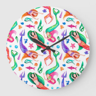 Grande Horloge Ronde Aquarelle des sirènes : Motif océanique sans trans