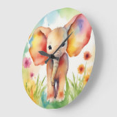 Grande Horloge Ronde Aquarelle Eléphant Serène Coloré (Angle)