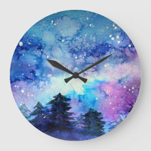 Grande Horloge Ronde Aquarelle Espace Art : Ciel de nuit