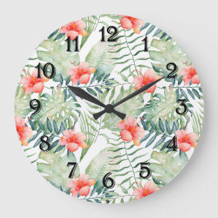 Grande Horloge Ronde Aquarelle Fleurie d'Hibiscus à Feuilles Tropicales