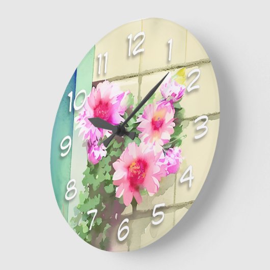 Grande Horloge Ronde Aquarelle Fleurs roses (Angle)