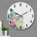 Grande Horloge Ronde Aquarelle florale élégant Tropical<br><div class="desc">Un design tropical qui embrasse la tranquillité de la nature mêlée à un côté ludique. Un mélange de feuilles tropicaux verdoyants apaisants, dont des feuilles de bananes, des palmiers, des feuilles de monstères et des plantes de princesse roses, ainsi que des fleurs apaisantes d'orchidées rose violet et des fleurs de...</div>