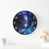 Grande Horloge Ronde Aquarelle Galaxie Monogramme Espace personnalisé (Maison)