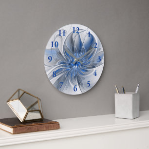 Grande Horloge Ronde Aquarelle gris bleu Abstrait Fractal Art Flower