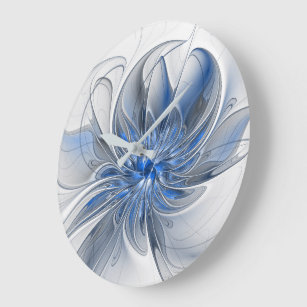 Grande Horloge Ronde Aquarelle gris bleu Abstrait Fractal Art Flower