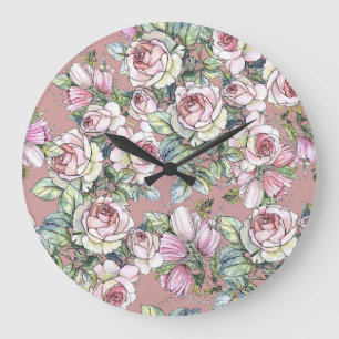 Grande Horloge Ronde Aquarelle Jardin : Rose Tulip Elégance.