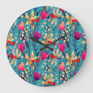 Grande Horloge Ronde Aquarelle Lumineuse : Design Floral Sans Maille.