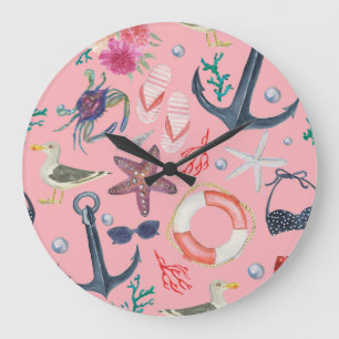Grande Horloge Ronde Aquarelle marine Ancre Motif de poisson étoilé