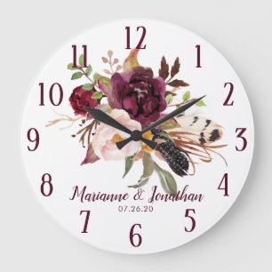 Grande Horloge Ronde Aquarelle Marsala Boho Mariage floral