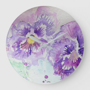 Grande Horloge Ronde Aquarelle mauve-purée Couleur florale de fleurs H