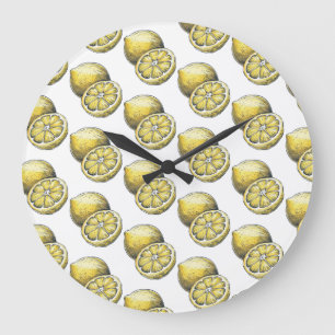Grande Horloge Ronde Aquarelle moderne Motif sans couture Citron jaune 