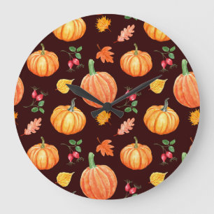 Grande Horloge Ronde Aquarelle Motif Floral Citrouille d'automne