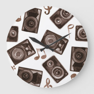 Grande Horloge Ronde Aquarelle Musique Haut-parleurs Sepia Motif