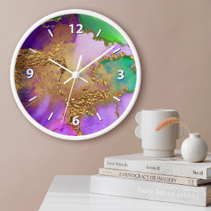 Grande Horloge Ronde Aquarelle or violet vert aqua chic glam agate
