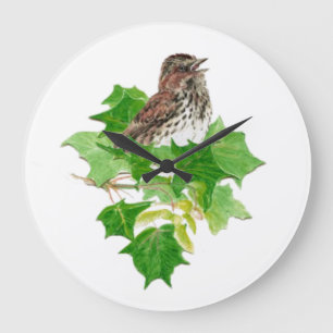 Grande Horloge Ronde Aquarelle originale Chanson Bruant Oiseau Nature
