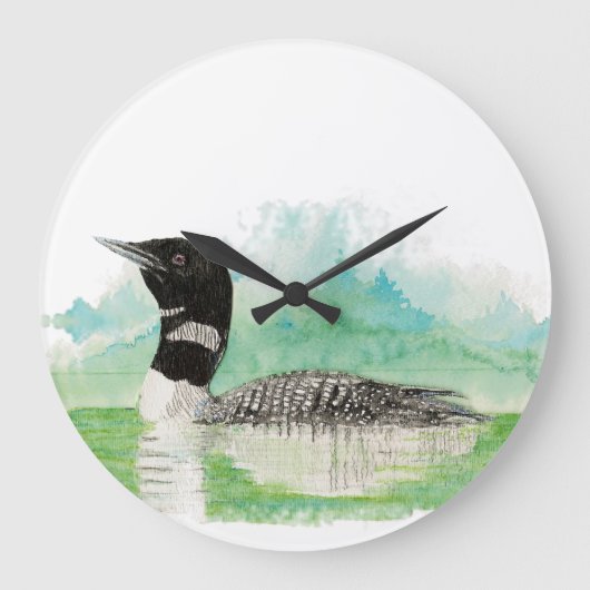 Grande Horloge Ronde Aquarelle originale Oiseau de Loon Commun (Recto)