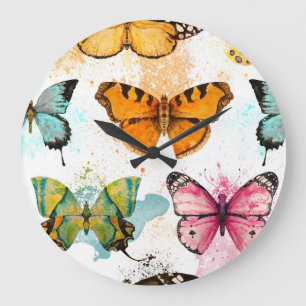 Grande Horloge Ronde Aquarelle Papillon Motif sans couture