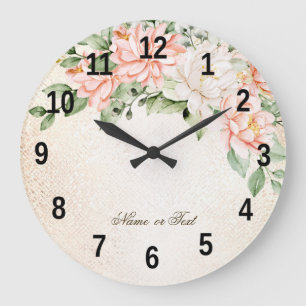 Grande Horloge Ronde Aquarelle Pêche Fleurs blanches Élégant
