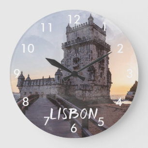 Grande Horloge Ronde Aquarelle peinture de la tour de Belem au coucher